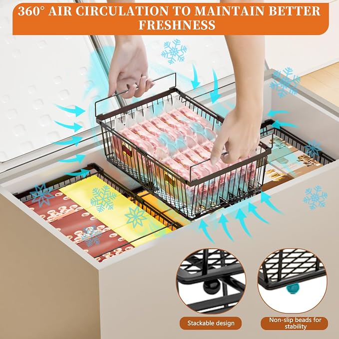 Large Freezer Organizer Bins for 10 to 20 Cu.Ft,Leak-Proof Bottom,3 Pack | ANJUBANFreezer Organizer Bins, Stackable,expandable,foldable,With handle Wire Storage Container Baskets for Sort Frozen Meats - Image 6