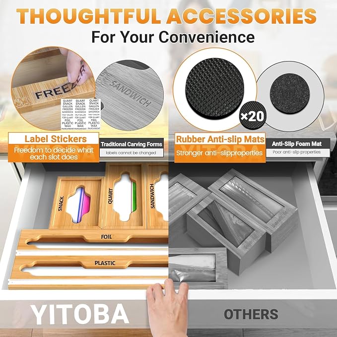 6 In 1 Bag Storage Organizer With Foil and Plastic Wrap Dispenser | Extended Aluminum Foil Holder, Bamboo Baggie Drawer for Gallon, Quart, Snack - Image 5