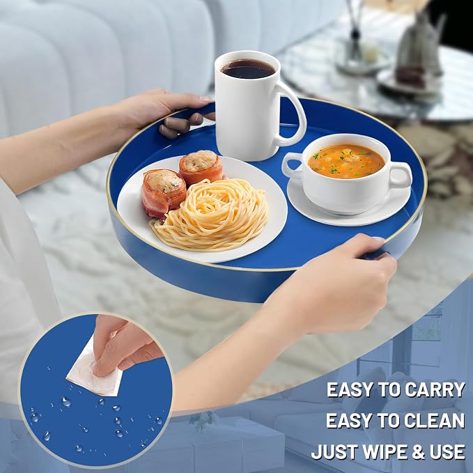 13" Blue Decorative Tray, Plastic Round Serving Tray with Handles | Decorative Tray for Coffee Table, Modern Ottoman Tray, Circle Tea Tray, Round Melamine Tray for Living Room, Bathroom - Image 4