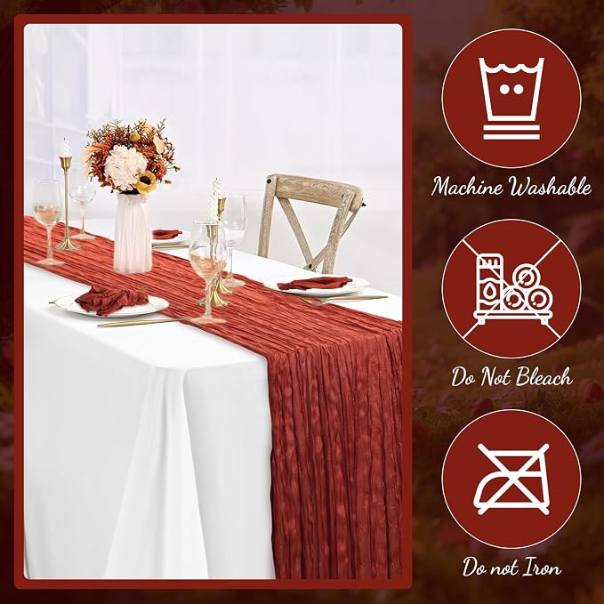 60PCS Terracotta Cheesecloth Napkins and 6PCS Table Runners Set, 19.69x19.69inch Rustic Wedding Napkins and 35x118inch Gauze Table Runner for Wedding Party Boho Table Decor - Image 5