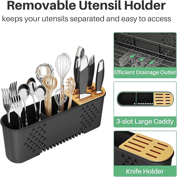 Large Expandable Dish Drying Rack for Kitchen Counter, 19.3-29.4 in, Black | Family Size Capacity, Adjustable Dividers for Pan, Lid & Cutting Board, Stainless Steel, Rotating Spout, Utensil Holder - Image 7