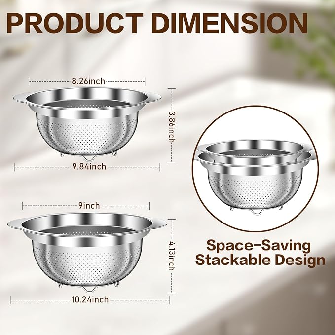 Stainless Steel Strainers for Kitchen, Stainless Steel Colander, Kitchen Strainer for Pasta Fruit Veggie Hot Food, 2 Pack Strainers and Colanders(2QT & 3QT), Dishwasher Safe, Silver - Image 7