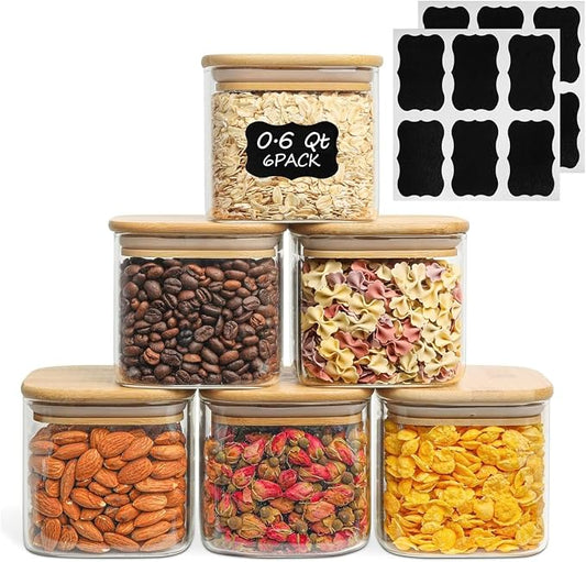 ComSaf Square Glass Containers With Lids 0.6 Qt, Set of 6 Small Galss Jars | Small Glass Canisters, Spice Jar, Pantry Organization, Snack, Cookie, Coffee Bar Organization, Size For Subpackage, BPA Free by ComSaf
