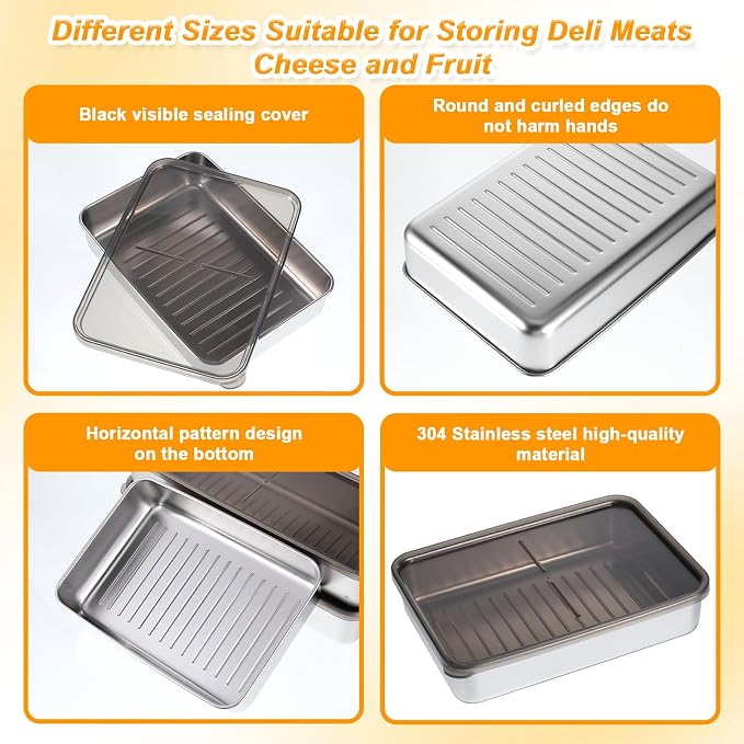 4 Pack Stainless Steel Bacon Cheese Container for Refrigerator Airtight Food Storage Containers Deli Meat Containers with Lids Dishwasher Safe Fridge Organizer Fruit Tray, 2 Sizes - Image 4