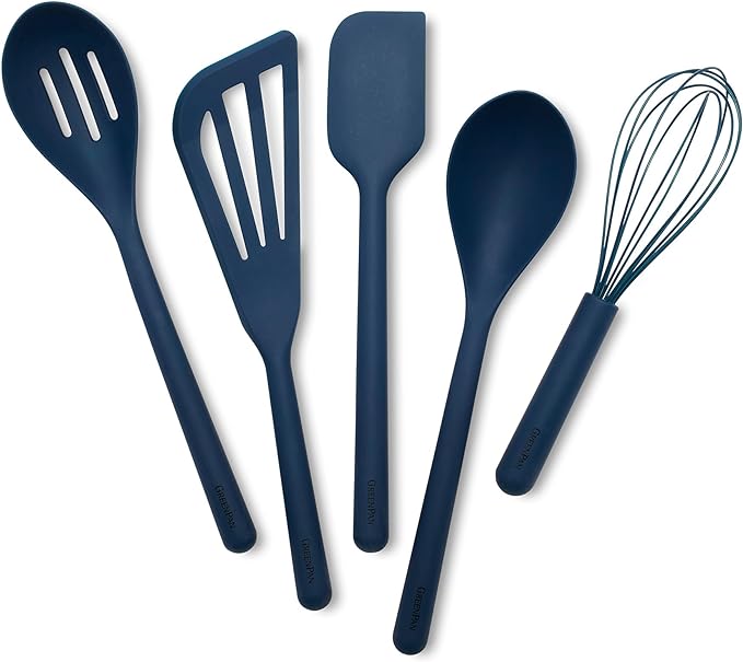 GreenPan Silicone 5 Piece Cooking Utensil Set, Slotted & Solid Spoon, Turner, Spatula, Whisk, Flexible Nonstick Kitchen Tools, Steel Core, Heat-Resistant Anti-Slip Handle BPA-Free Dishwasher Safe Blue by GreenPan