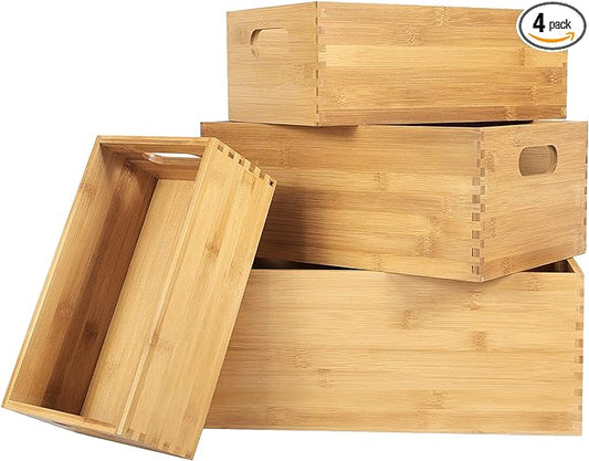 ANMINY Bamboo Storage Bins, Nesting 4PCS, Sturdy Mortise-Tenon Joint | Natural Bamboo Wood Boxes, Built-in Handles, Nestable for Space Saving, Sturdy Corner Joints, Decorative, for Pantry Shelf by ANMINY