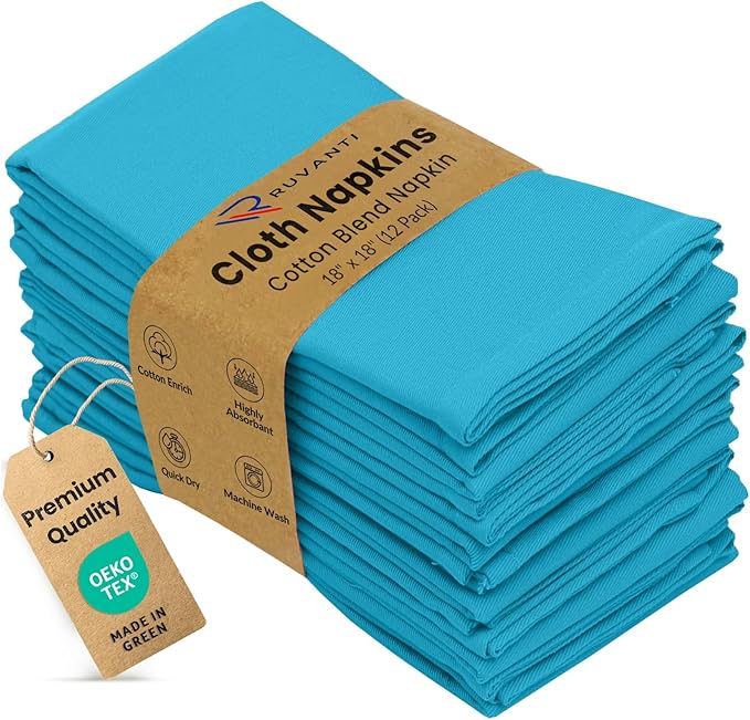 Ruvanti Cloth Napkins set of 12, 18x18 Inches Napkins Cloth Washable, Soft, Durable, Absorbent, Cotton Blend. Table Dinner Napkins Cloth for Hotel, Lunch, Restaurant, Wedding Event, Parties - Sky Blue by Ruvanti