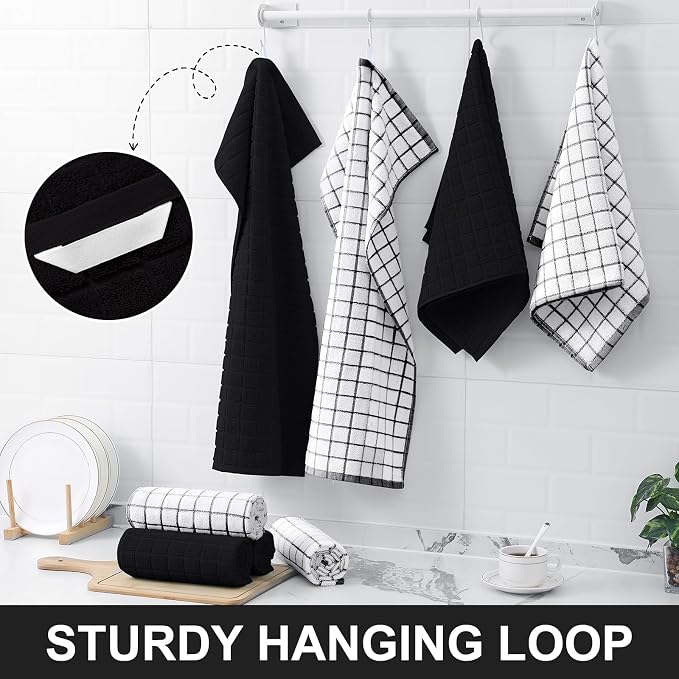 Homaxy Large Premium Cotton Kitchen Towels 16"x 28", 4 Pack, Black | Natural Ring Spun 390 GSM Dish Towels, Super Absorbent Terry Kitchen Hand Towels, Soft Tea Towels with Hanging Loop - Image 6