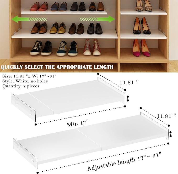 Expandable Closet Shelves, Adjustable Metal Closet Organizers and Storage Shelves for Wardrobe, Kitchen Pantry, Shoe Rack, (2 Pack,W11.81 x L: 17 "to 31") - Image 3