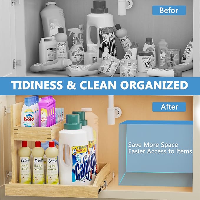 LOVMOR Soft Close Under Sink Organizer 22½” W x 21” D, Pull Out Cabinet Organizer with U Bracket, 2 Tier Slide Out Shelf for Kitchen Bathroom Sink(Left) - Image 2