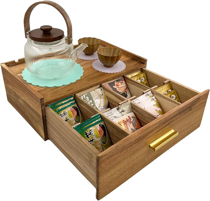 Acacia Wood Tea Bag Organizer with Drawer – Countertop Storage Box | Larger Size Tea Caddy Storage, Tea Station Chest for Countertop, Tea Box Storage Drawer,Customizable compartments by Unknown