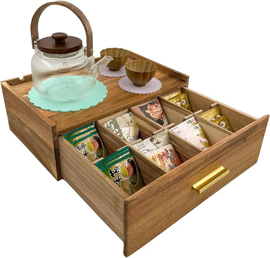 Acacia Wood Tea Bag Organizer with Drawer – Countertop Storage Box | Larger Size Tea Caddy Storage, Tea Station Chest for Countertop, Tea Box Storage Drawer,Customizable compartments by Unknown