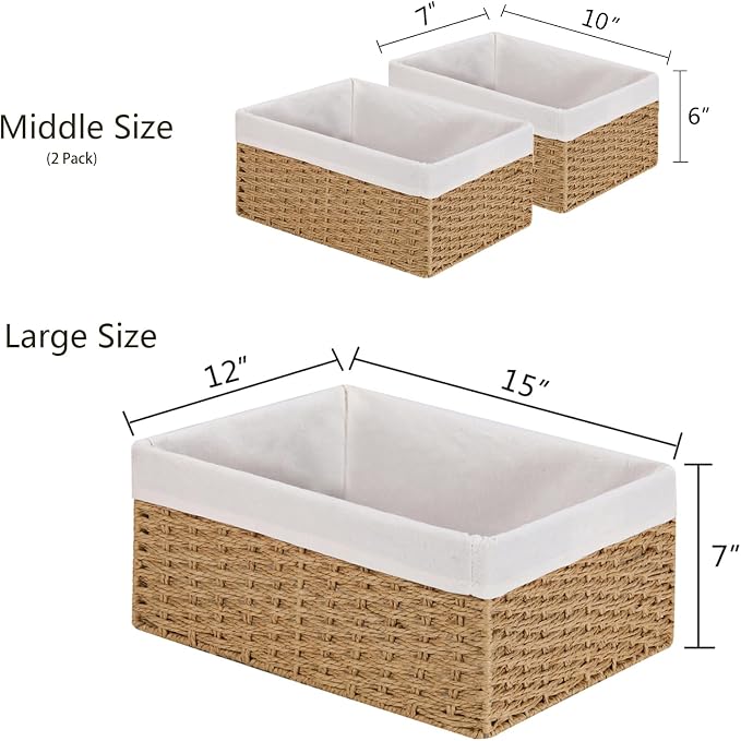 Wicker Storage Basket, 3-Pack Woven Paper Rope Wicker Baskets with Handles, Large Wicker Basket Cube Storage Bins with Liners, Storage Baskets for Organizing Shelves & Decor, Natural - Image 2