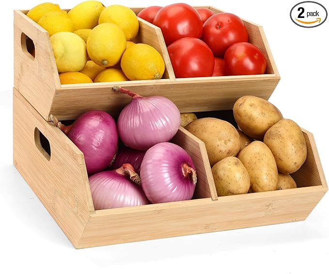 Bamboo Pantry Organizers and Storage Bins, 2 Set Stackable Baskets for Vegetables, Potatoes, Onion, Garlic, Bread - Bamboo Kitchen Containers for Pantry Drawer, Counter, Cabinet by Unknown