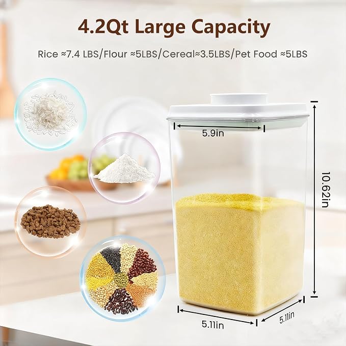 Large Pop Airtight Food Storage Containers Set with Lids 4.2Qt/4L Food Containers with Scoop, Kitchen Pantry Organization and Storage, BPA Free Stackable Cereal Container (4 * 4.2Qt) - Image 3