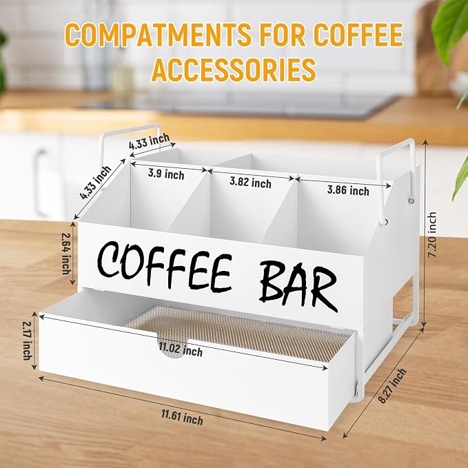 Coffee Bar Accessories Organizer - Countertop Coffee Station with Drawer, Pod Holder & Condiment Organizer，White - Image 3