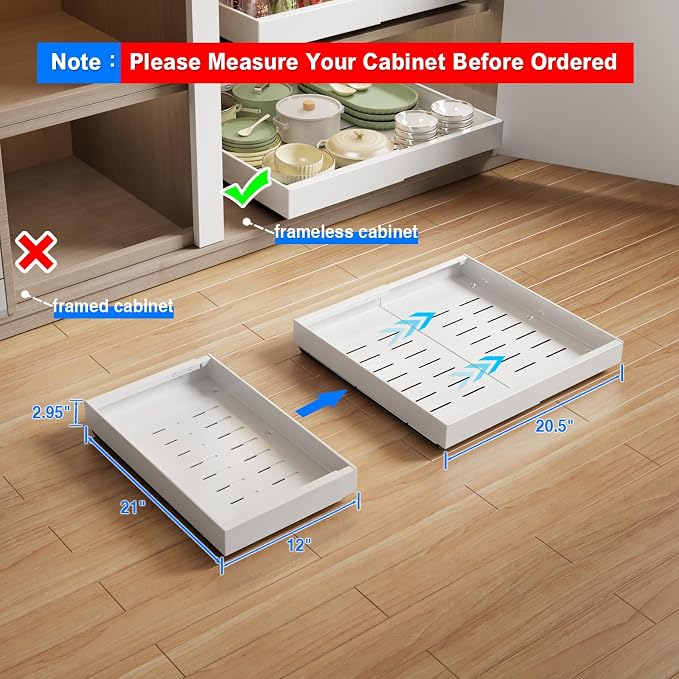 MUSTORN Expandable Pull Out Cabinet Organizer, 21"Deep Slide Out Drawer for Cabinets Adhesive Pull Out Drawers Heavy Duty Pull Out Shelves for Kitchen, Cupboard, Pantry, Bathroom(White,1-Pack) - Image 2