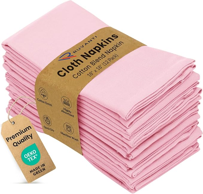 Ruvanti Cloth Napkins Set of 12, 18x18 Inches Napkins Cloth Washable, Soft, Durable, Absorbent, Cotton Blend. Table Dinner Napkins Cloth for Hotel, Christmas, Dinner, Parties - Pink by Ruvanti