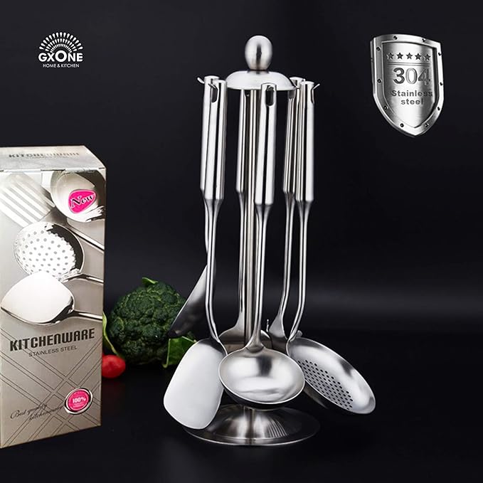 Cooking Utensils Set,6 PCS with Utensils Holder,304 Stainless Steel | Round handle,For kitchen cooking,Includes: wok spatula, soup ladle, slotted spoon, Spaghetti spoon, Utensils Holder - Image 6