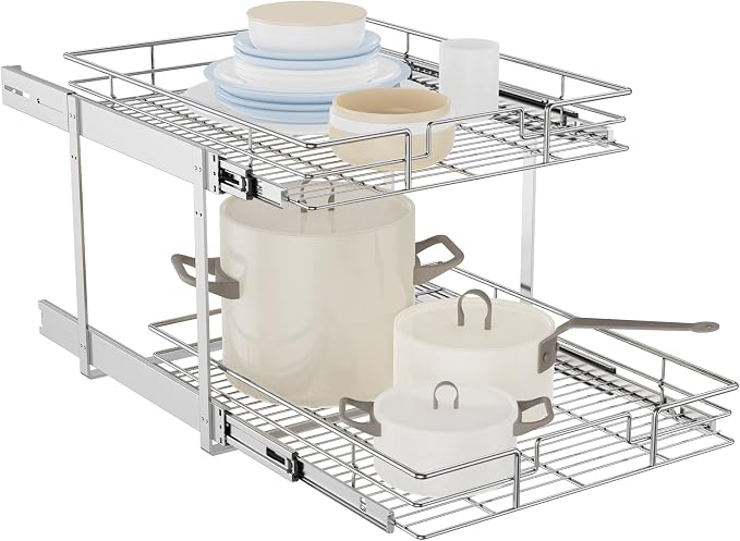 LOVMOR Individual Pull Out Cabinet Organizer, 2 Tier Slide Out Cabinet Drawers, Pots and Pans Organizer and Storage Pantry Shelf for Kitchen (22½" W x 21½" D) by LOVMOR