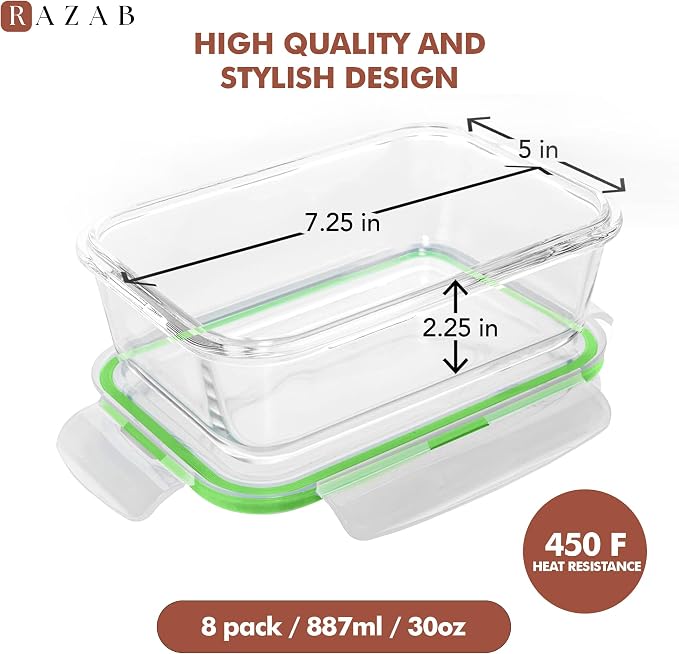Razab 16 Pc (Set of 8) 30 Oz Glass Meal Prep Containers with Lids, Airtight Large Glass Food Storage Containers, Reusable Leak Proof BPA Free, Freezer to Oven and Dishwasher Safe - Image 3