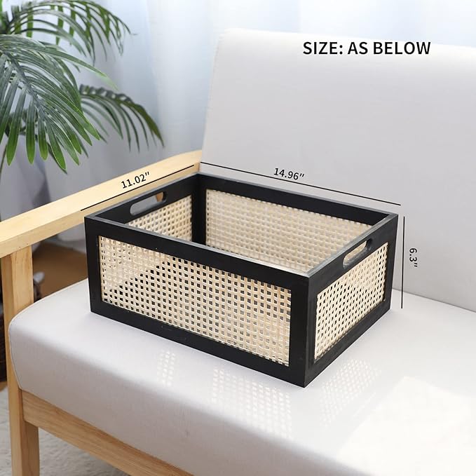 Black Wooden Basket, Rattan Storage Basket for Organizing, 14.96"x11.02"x6.30" - Image 3