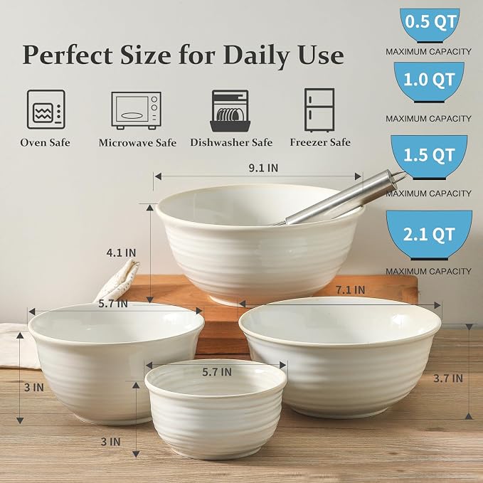 Hasense Ceramic Mixing Bowls, 2.1/1.5/1.0/0.5 Qt, Nesting Bowls for Cooking, Baking, Serving Dishes for Salad, Fruits, Popcorn, Dishwasher & Microwave Safe, Set of 4, Clay-Infused White - Image 2