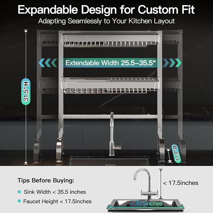 3 Tier Extra Large Stainless Steel Over The Sink Dish Drying Rack | Rust Proof Metal, Expandable Kitchen Sink Drainer, Counter Space Saving, Heavy Duty, Modern Silver, Multifunctional Storage - Image 2
