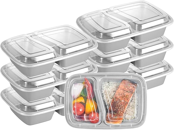 Restaurantware-Asporto 26 Ounce Compartment Take Out Boxes, 100 Microwavable Meal Prep Containers - 2 Compartments, With Clear Plastic Lids, Silver Plastic Food Containers, Do Not Contain BPA - Image 2