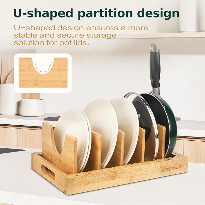 Wisreach Bamboo Pot Lid Organizer, Adjustable Kitchen Organizer for Cabinet, Expandable Pot and Pan Storage Rack, Kitchen Organization for Lids, Bakeware, and Cutting Boards - Image 3