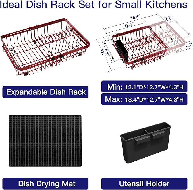 Red Dish Drying Rack Over The Sink with Utensil Holder, Mat | Expandable Stainless Steel Dish Drainer for Small Kitchen, Apartment, RV, Counter Space Saving, Perfect Fit, Rustproof - Image 2