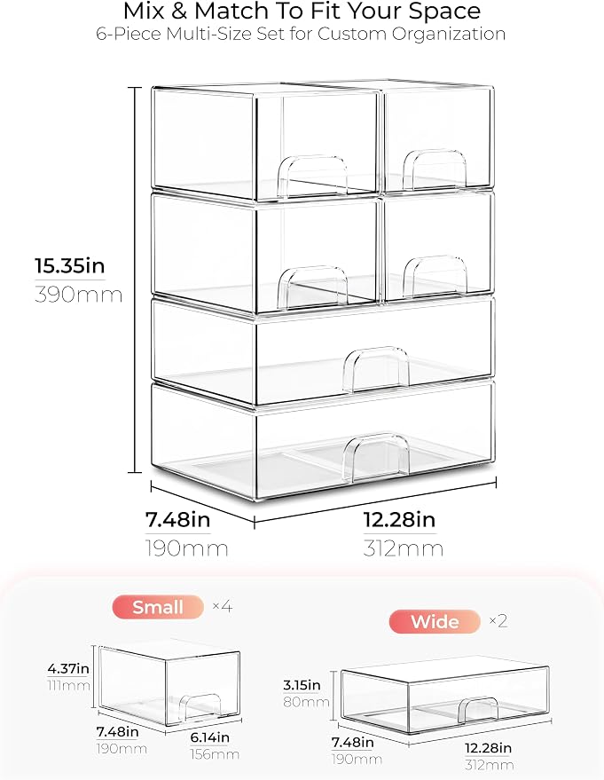 Stackable Storage Drawer Organizers Set of 6 for Bathroom Organizer Storage | Clear Plastic Organizer Bins for Baby Bottle, Kitchen Under Sink, Laundry, Pantry, Beauty, Cabinet, Medicine, Office Supplies - Image 2