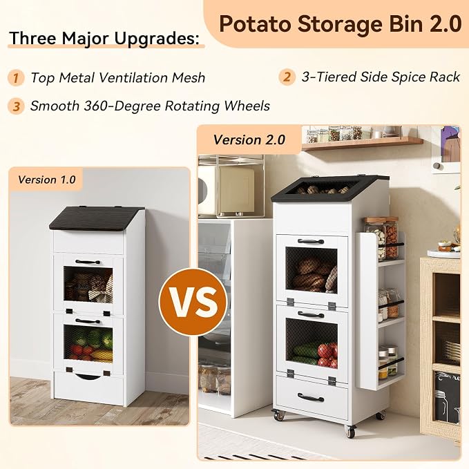 Verano Garden 16.0" Potato and Onion Storage Bin on Wheels, Bread Box | Fruit and Vegetable Organizer, Rolling, Side Rack, Flip-top, Mesh Doors, 4-Tier, Grocery Section, Ventilated, Wood, Kitchen - Image 7