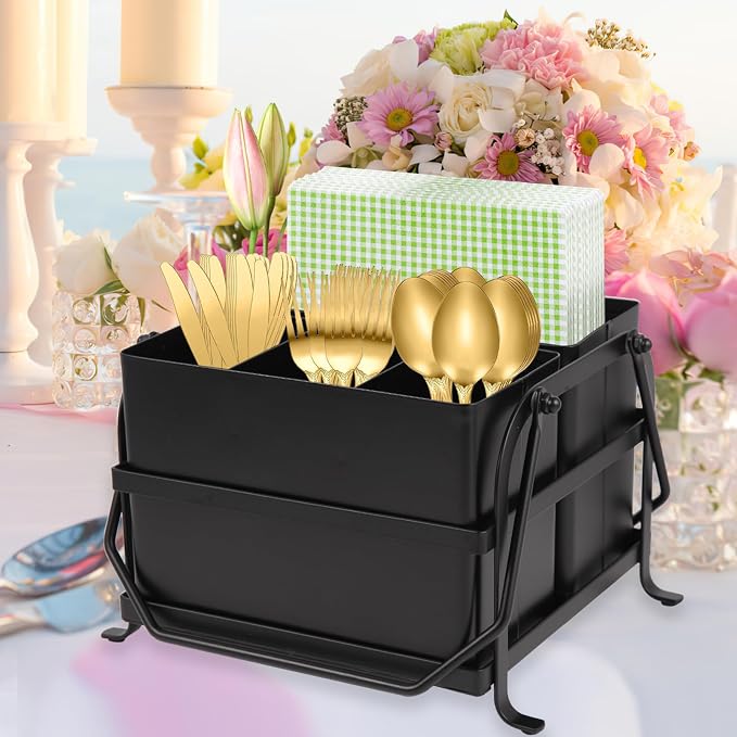 NelyBet Silverware Caddy Utensil Organizer With Handle, Outdoor Picnic and Camping Utensil Holder, Flatware Holder for Party Gatherings, Metal - Black - Image 6