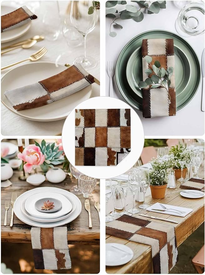 Brown White Geometric Cloth Napkins Set of 6, Retro Plush Cowhide Texture Dinner Napkins Cloth Washable, Cocktail Napkins Reusable for Wedding, Party, Birthday (20"x20") - Image 8