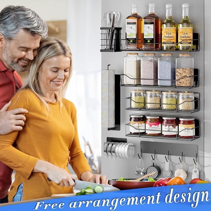 Magnetic Spice Rack for Refrigerator,8 Pack Magnetic Fridge Shelf, Moveable Spice Organizer with Hook Rack, Paper Towel Holder, Utensil Holder,cup lid holder, Super Magnetic Rack Set (Black) - Image 5