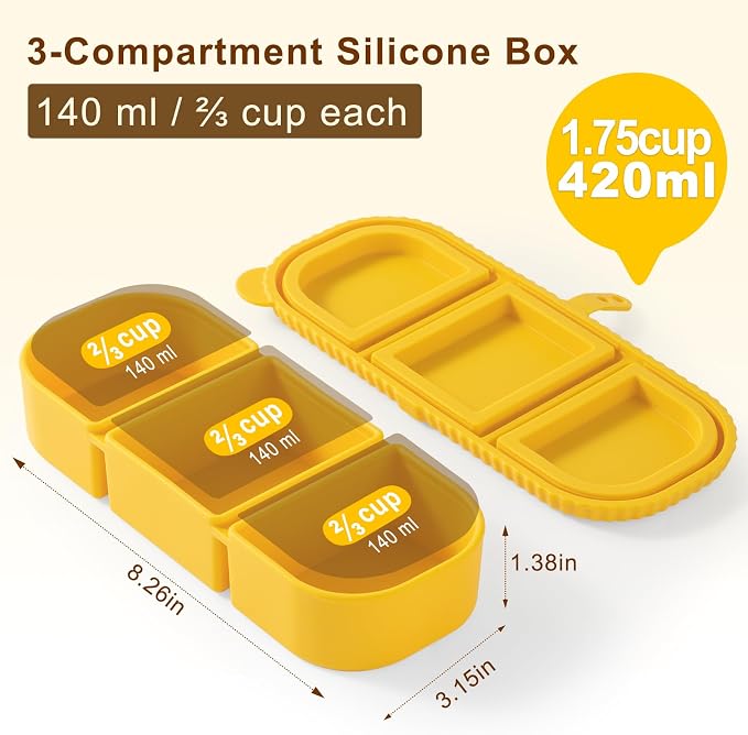 Silicone Reusable Snack Containers with Lids, 4 Pack 3 Compartment Bento Snack Boxes, Leakproof Food Storage Containers for Meal Prep, Lunch, Fruits, Kids & Adults, Dishwasher Safe - Image 4