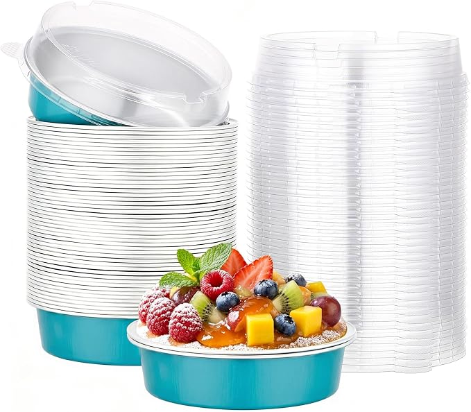 Beasea 4 Inch Mini Pie Tins with Lids, 50 Pack 7.3 Oz Aluminum Foil Baking Cups, 215ml Disposable Mini Tart Tins, Small Round Muffin Container Cheesecake Cups Pie Tart Pans - Blue Green by Beasea