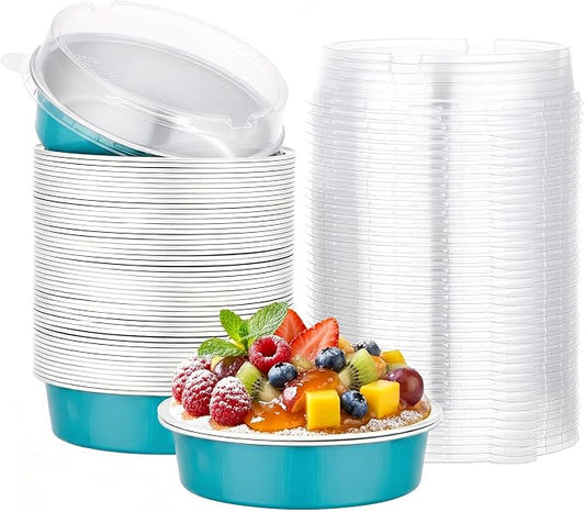 Beasea 4 Inch Mini Pie Tins with Lids, 50 Pack 7.3 Oz Aluminum Foil Baking Cups, 215ml Disposable Mini Tart Tins, Small Round Muffin Container Cheesecake Cups Pie Tart Pans - Blue Green by Beasea