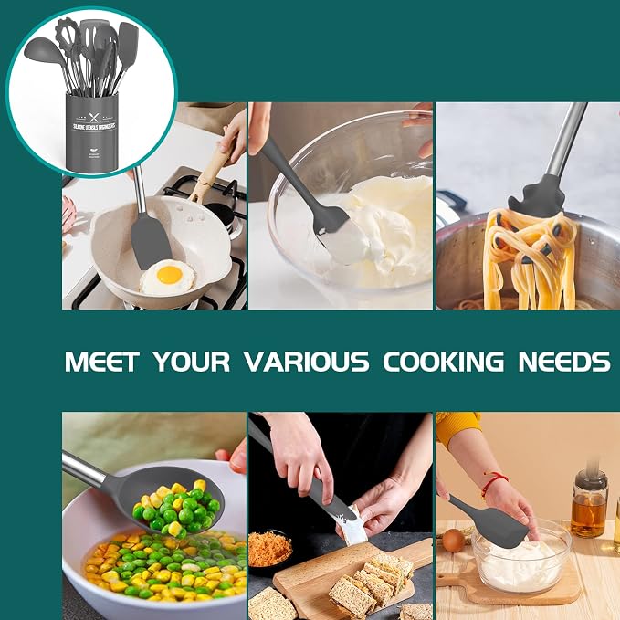 Stainless Steel Kitchen Cooking Utensil Set, Umite Chef 15 pcs Cooking Utensils - Nonstick Kitchen Utensils Cookware Set Spatula Set -Kitchen Gadgets Utensils Set, Kitchen Tools Gift (Gray) - Image 5