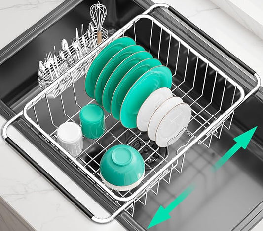 Large Sink Dish Drying Rack, Expandable 304 Stainless Steel Metal Dish Drainer Rack Organizer Shelves with Stainless Steel Utensil Holder Over Inside Sink, Rustproof by SwetLao