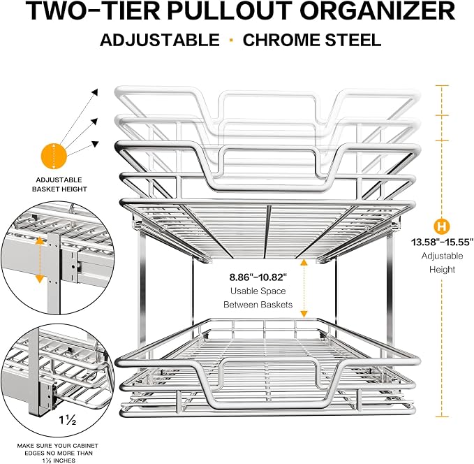 2-Tier Kitchen Cabinet Pull Out Shelf and Drawer Organizer Slide Out Pantry Storaqe Basket in Multiple Sizes (20" Wx 21" D,) - Image 6