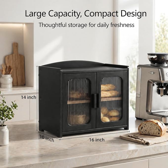 Premium Solid Wood Bread Box for Kitchen Countertop, 2-Tier Breadbox | Large Capacity, Corner Bread Box for Homemade Bread and Sourdough, Kitchen Countertop Organizer, Black - Image 2