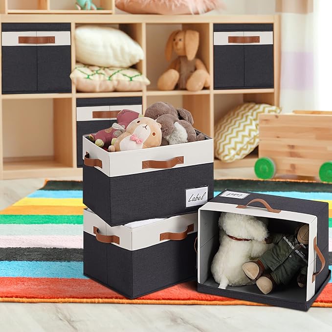 GhvyenntteS Fabric Storage Bins with Lids 6 Pack, Foldable Fabric Storage Baskets with Lid and Handles, Large Closet Organizers and Storage boxes with Label for Home Office (Black, 15" x 11" x 9.7") - Image 7