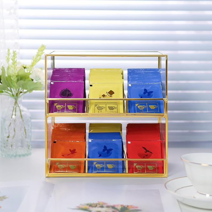 REDHUGO Glass Tea Bag Organizer for Counter, 2-Tier Teabag Organizer Storage Holder for Tea Bags, Glass Caddy Box Containers, Rack Teabag Station Stand for Cabinet Kitchen, 2-Tier, Gold - Image 5