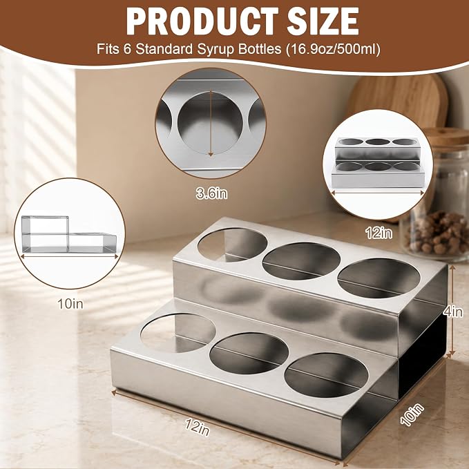 Novabright 2 Tier Coffee Syrup Rack Organizer, Stainless Steel Syrup Bottle Holder for Coffee Bar, 6 Bottle Commercial Rack for Cafe Countertop, Cafe Station Storage Organizer, 10" D x 12" W x 4" H - Image 3