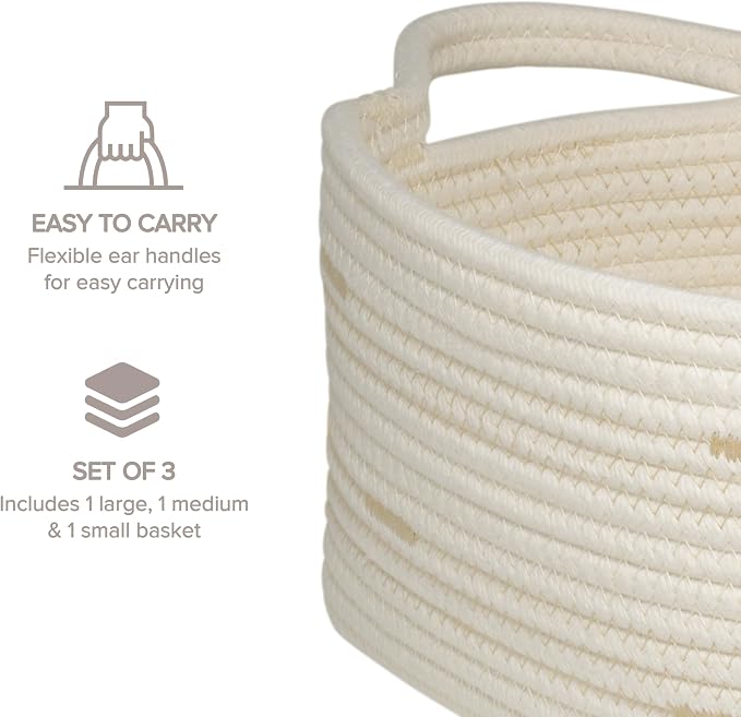 RGI Home Storage Baskets for Organizing, Fabric Rope, Set of 3, Decorative Woven Bins with Easy-Carry Handles, Multiple Sizes, Durable and Stylish, Ivory with Beige Accents - Image 4