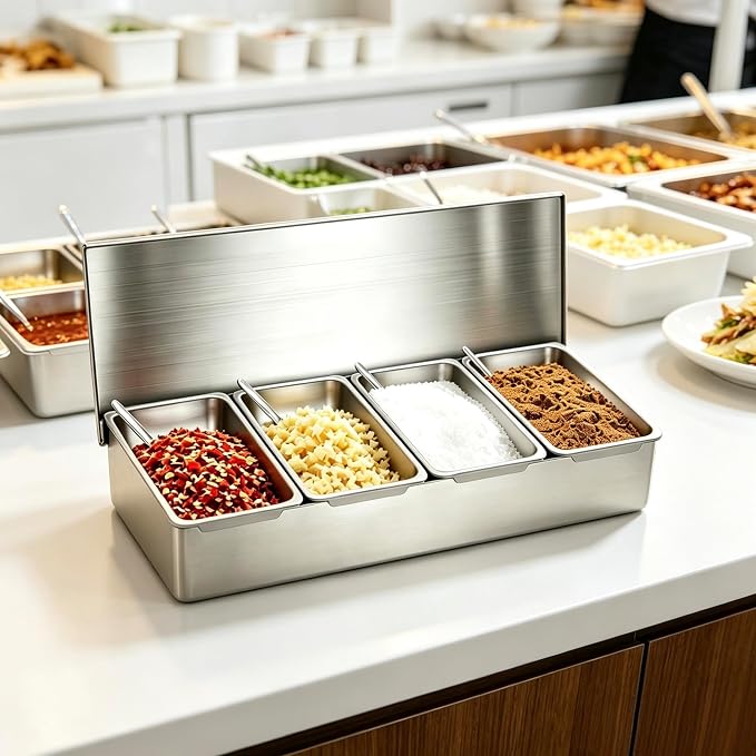 Pizza Topping Station Stainless Steel Spice Organizer Rack Condiment Caddy | Seasoning Container Removable Ingredient Holder, Pizza Oven Accessories with Lid for Grill Table Cart, Kitchen& Buffet - Image 2