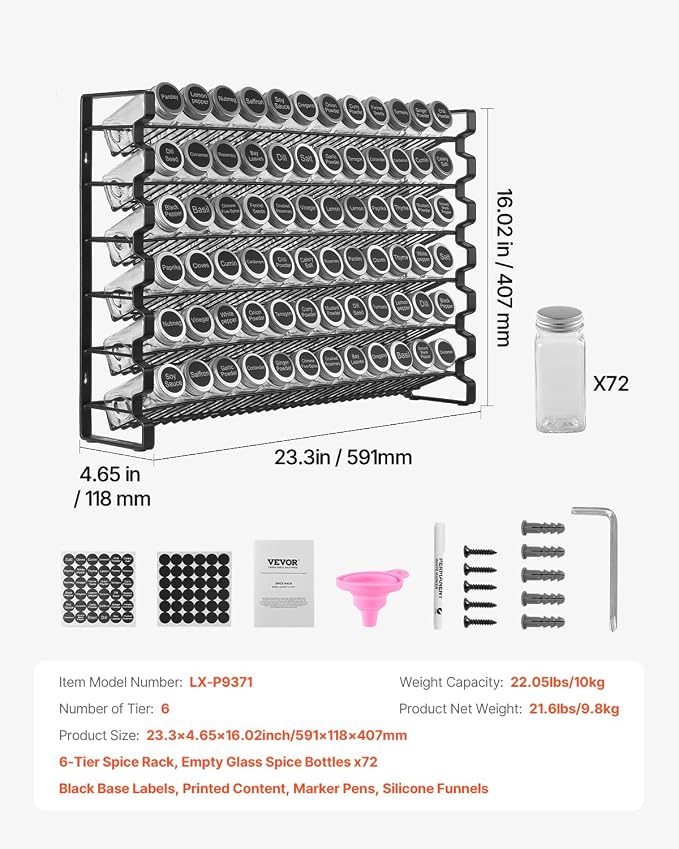 VEVOR Spice Rack Organizer for Cabinet, Spice Organizer with 72 Empty Spice Jars, Lids, Spice Labels, and Funnel Complete Set, Seasoning Organizer for Countertop, Kitchen, Pantry, Cupboard, 23x16 in - Image 7