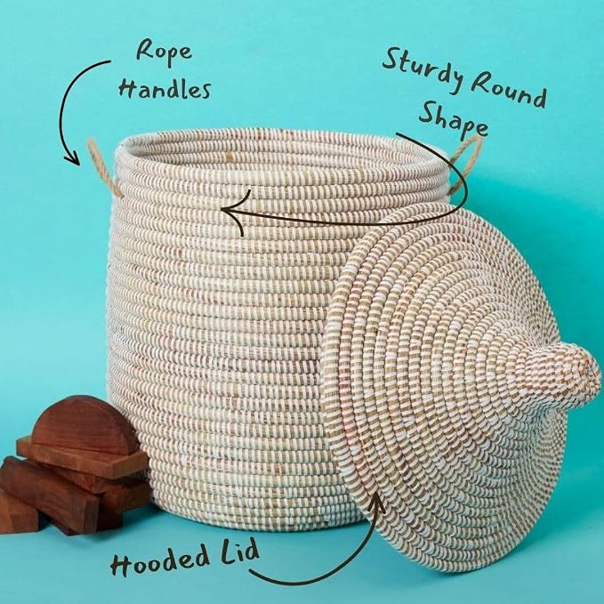 White Woven Basket with Lid, Medium, 16" Wide, 20" Tall - Image 4